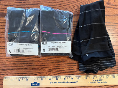 Lot of Ames Walker 20-30 mmHg black striped compression socks 2 pair = NEW $75