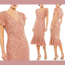 NWT Mac Duggal [ 2 ] 10801 Sequined V-Neck Flutter Sleeve Dress Rose Gold #J578