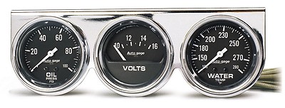 Auto Meter Autogage Three Gauge Oil Press/Volt /Water Temp Chrome Console 2-5/8''