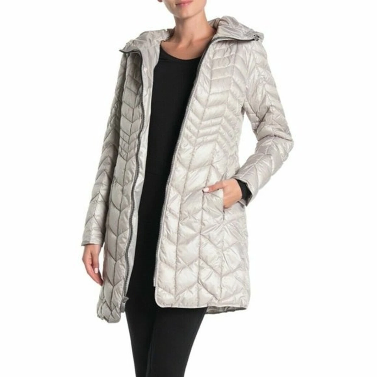 Kenneth Cole Hooded Puffer Coat Silver Size Large New Winter Jacket