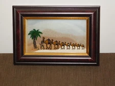 VINTAGE HANDMADE  7" X 5" U. A. E. SAND FROM 7 EMIRATES CAMELS FRAMED SOUVENIR