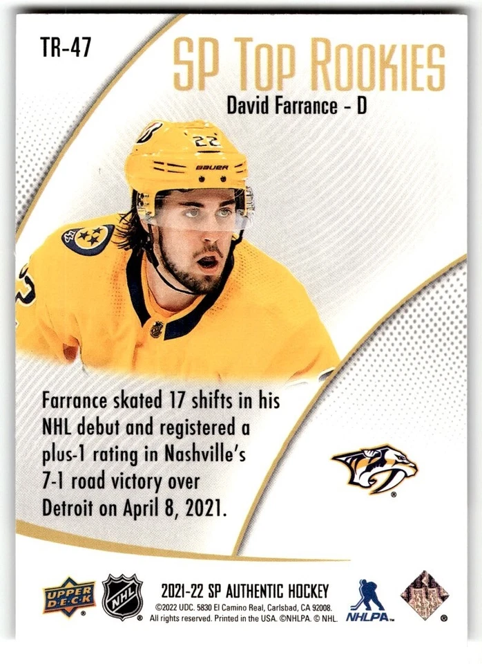 2021-22 SP Authentic Top Rookies David Farrance Rookie #TR-47 - Image 2 of 2