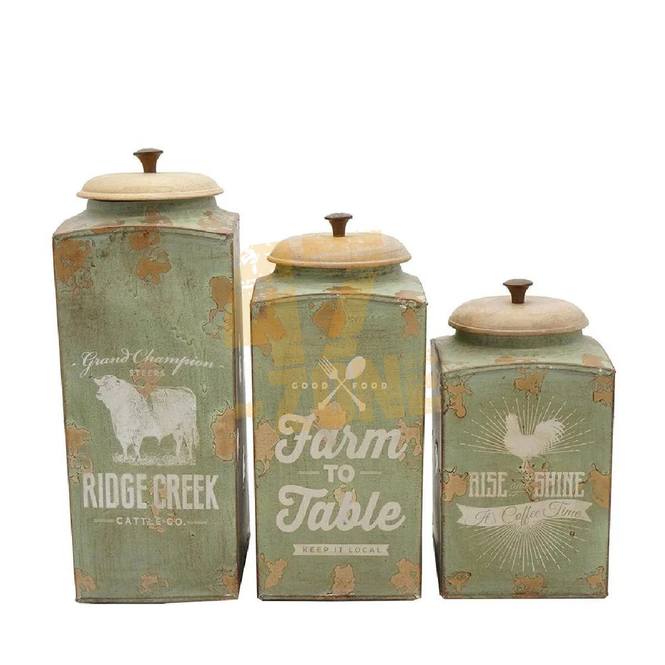 S/3 Gi Canister w/ Wdn Lid Brown Green Indoor Outdoor Tabletop Home Decor - Image 2 of 4