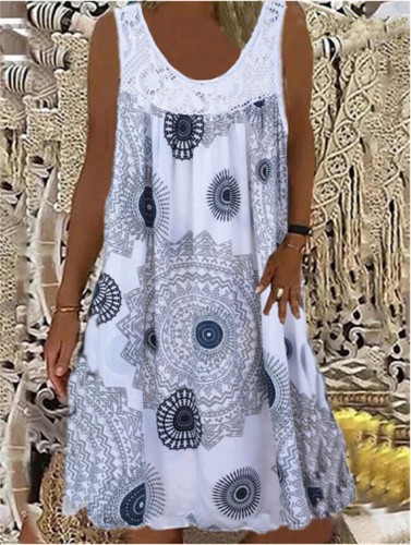 Womens Sleeveless Retro PRINT Summer Baggy Kaftan Lace Loose Top Dress Plus Size - Picture 3 of 25