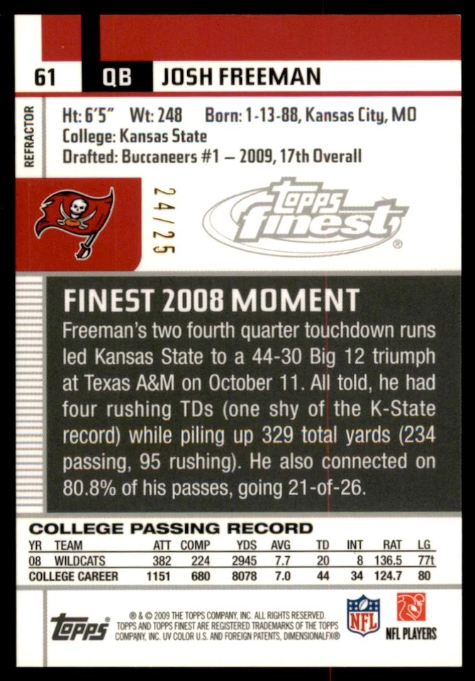 2009 Finest Pigskin Gold Refractors Josh Freeman RC 24/25 Bucs #61 *Noles2148* - Image 2 of 2