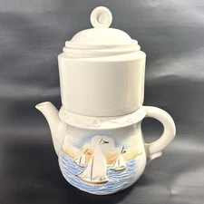Vtg 4 pc Porcelier Vitreous Sailboats Drip Coffee Pot Tea Kettle 1940s Ships 11"