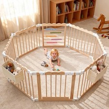Foldable Wooden Baby Playpen, Adjustable Play Yard, 57x57x25in Adjustable S...