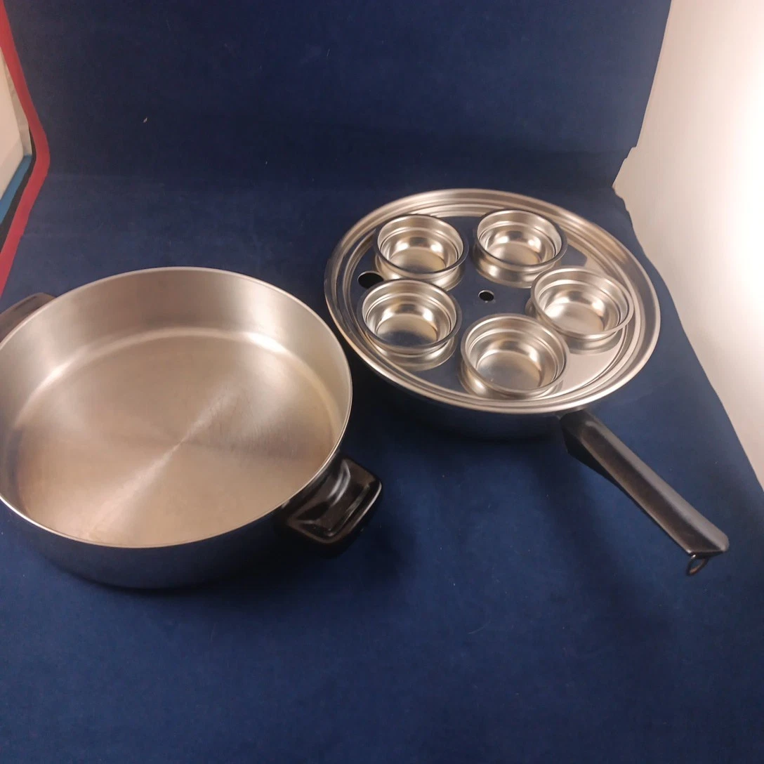 Vintage Amway Queen 18/8 Stainless Steel Skillet/Fry Pan w/ Lid/Egg Poacher