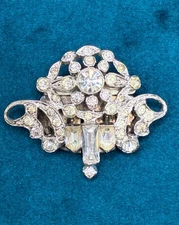 Vintage Sterling Rhodium Rhinestone Hair Dress Clip Comb Floral Motif 1 1/4"