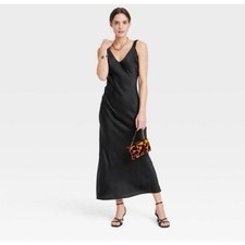 A New Day Midi Slip Dress Womens XS Black Satin Ruched Strap Cocktail Minimalist