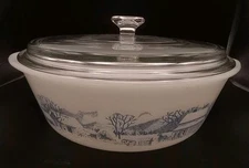 Glasbake Currier & Ives 8" Casserole Dish With Lid Blue And White Milk Glass