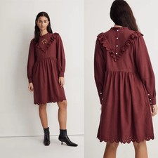 Madewell Eyelet Ruffle Babydoll Flannel Dress Maroon Long Sleeve Small