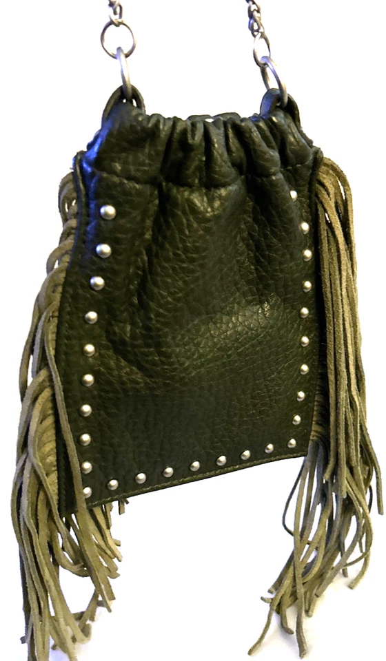 DV Boho Suede Fringe Purse Chain Strap Bag Leather? Studded Western Small Green - Image 4 of 4