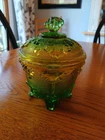 Vintage 1950’S Jeanette Glass Footed Candy Dish With Lid Yellow Green Ombré