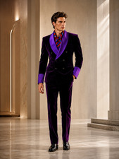 Mens Purple Velvet Suit 2 Piece Double Breasted Shawl Lapel Wedding Tuxedo