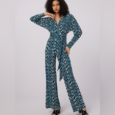 Diane von Furstenberg NWT Blue Black Interlocking Print Belted Marilou Jumpsuit