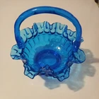 Fenton Deep Royal Blue Thumbprint Ruffle Bridle 👰 Basket w Glass Bamboo Handle