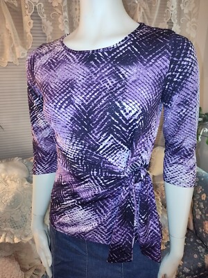 Notations Purple Cinched Geometric ¾ Length Sleeve Petite Small Top With Tie