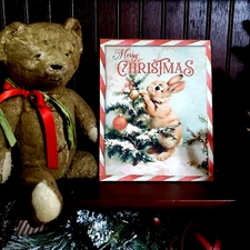 ADORABLE SHABBY PRIMITIVE VICTORIAN VINTAGE STYLE CHRISTMAS BUNNY RABBIT SIGN