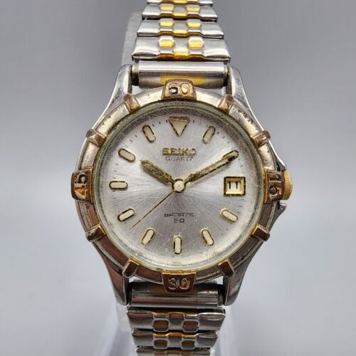 VTG Seiko Sports 50 Watch Women 25mm Silver Dial Two Tone Date 7N82-0261 New Bat - Picture 1 of 12