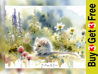 Meadow Whispers, Traditional Watercolor Meadow Mouse Print 5''x7'' on Matte Paper