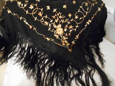 Vintage Silk Embroidered Piano Scarf Black with Yellow Flowers