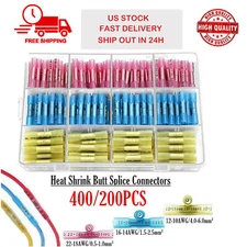 400/200PCS Heat Shrink Butt Wire Splice Connectors Crimp Terminals Kit 22-10AWG
