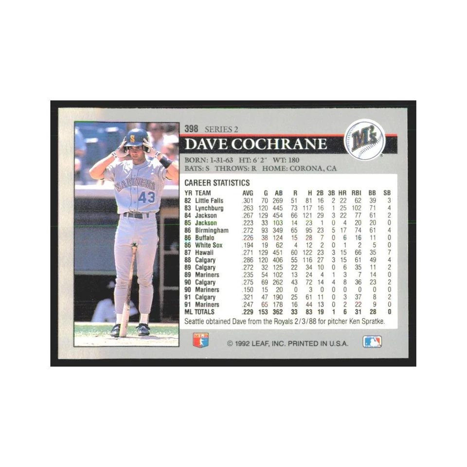 1992 Leaf Dave Cochrane Mariners #398.0 - Image 2 of 3