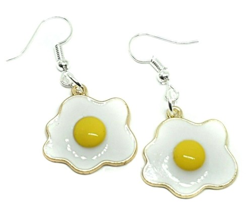 Fried Egg Earrings Drop Dangle Enamel Silver Gold Tone Quirky Fun Jewellery - Picture 9 of 10