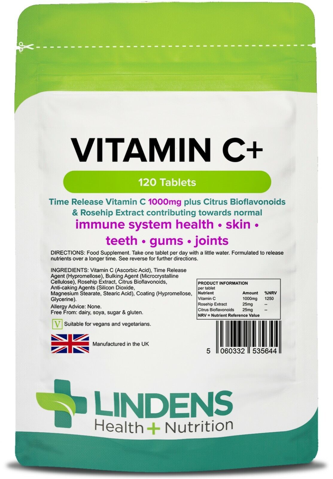 Lindens Vitamin C 1000mg 120 Tablets w/ Rosehip Bioflavonoids Quality Supplement