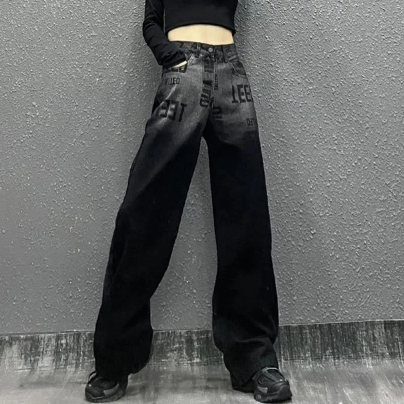 Black Gothic Women Jeans Vintage High Waist Denim Pants Grunge Loose Streetwear