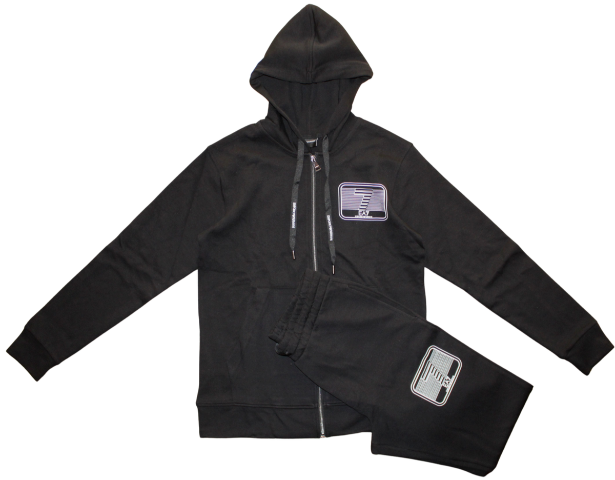 EMPORIO ARMANI EA7 MEN BLACK FULL ZIP HOODED TRACKSUIT SET LOGO 