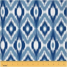 Indigenous Ikat Blue White Fabric - Geometric Tribal Patter