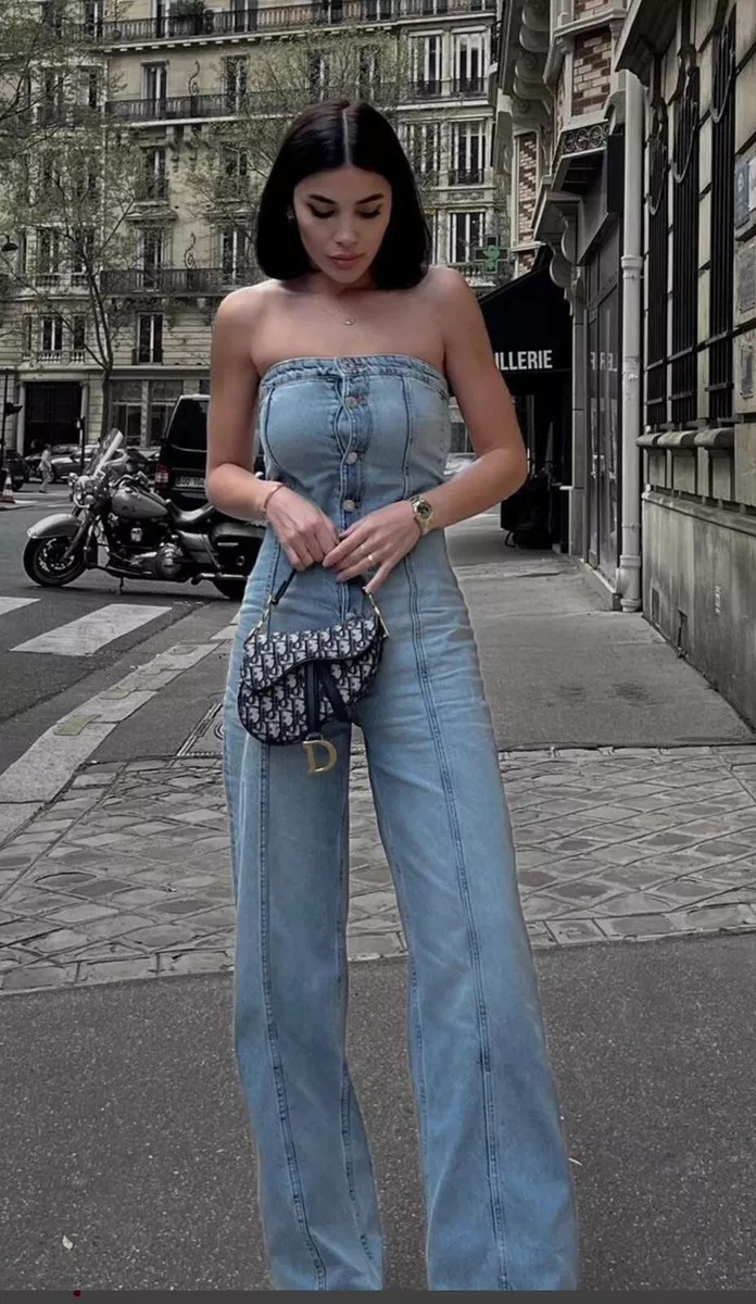 ZARA NEW WOMAN OFF SHOULDER TRF STRAPLESS DENIM JUMPSUIT BLUE Size