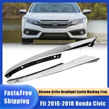 Pair Fit 2016 2017 2018 Honda Civic Chrome Front Headlight Eyelid Molding Trim