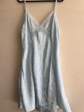 Vintage Adonna Blue Satin Lace Chemise Slip Floral Dress Large Nightgown