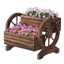 Wooden Wagon Planter Wooden Flower Cart with Wheels Outdoor Garden Carbonized