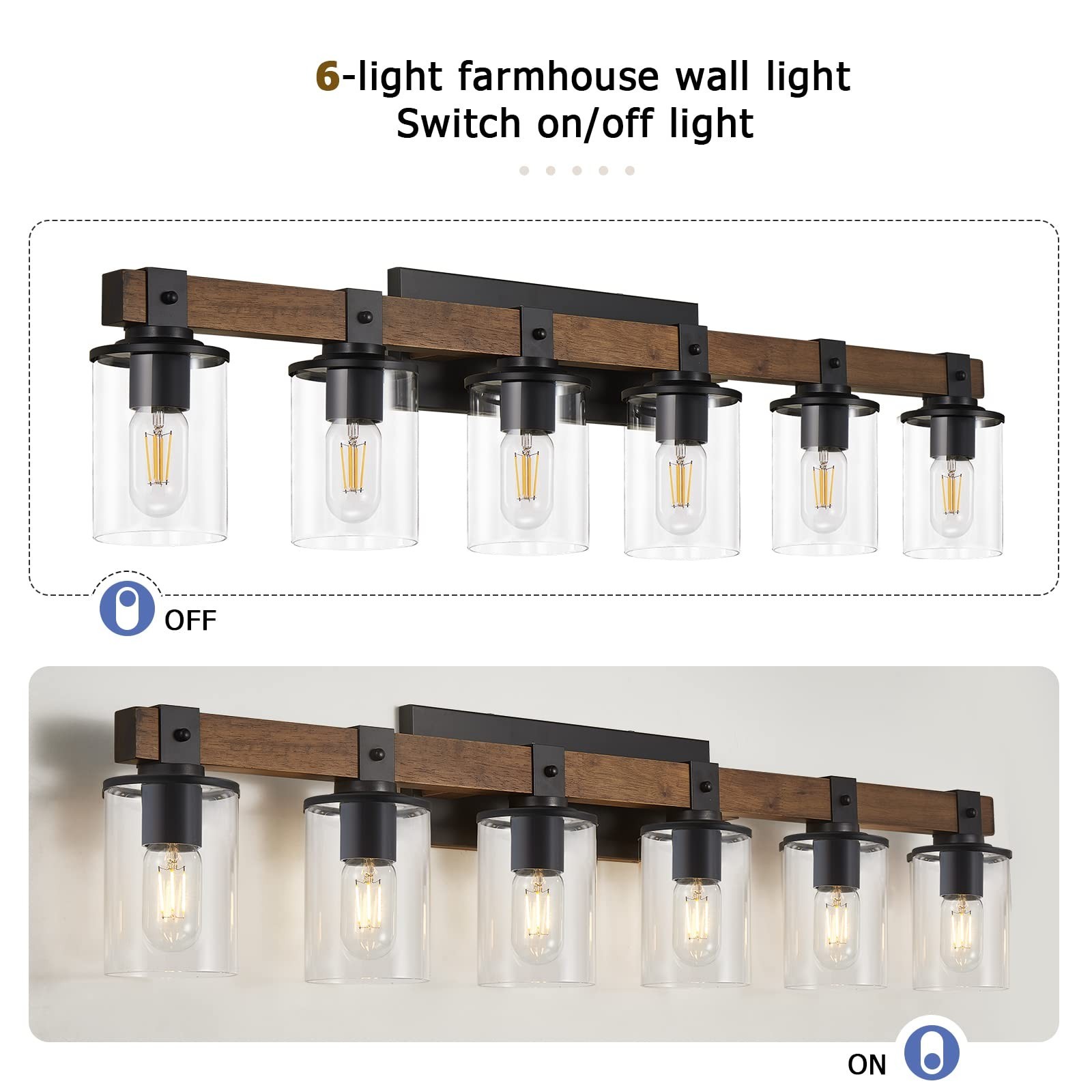 DUJAHMLAND 6-Light Wood Vanity Light,40.5 inch Farmhouse Bathroom Metal Wall ...