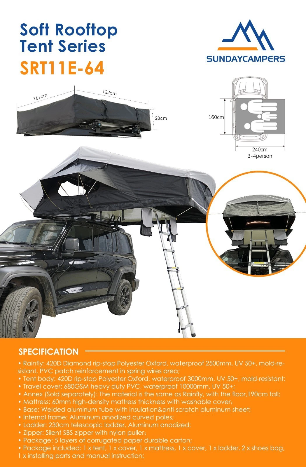 RoofTop Tent Hard Shell Car Pop-up Outdoor Camping Tents W/ Ladder for SUV Truck