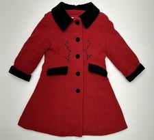 London Fog Red Wool Coat Black Velvet Trim 3 Toddler Embroidered Detail Classic