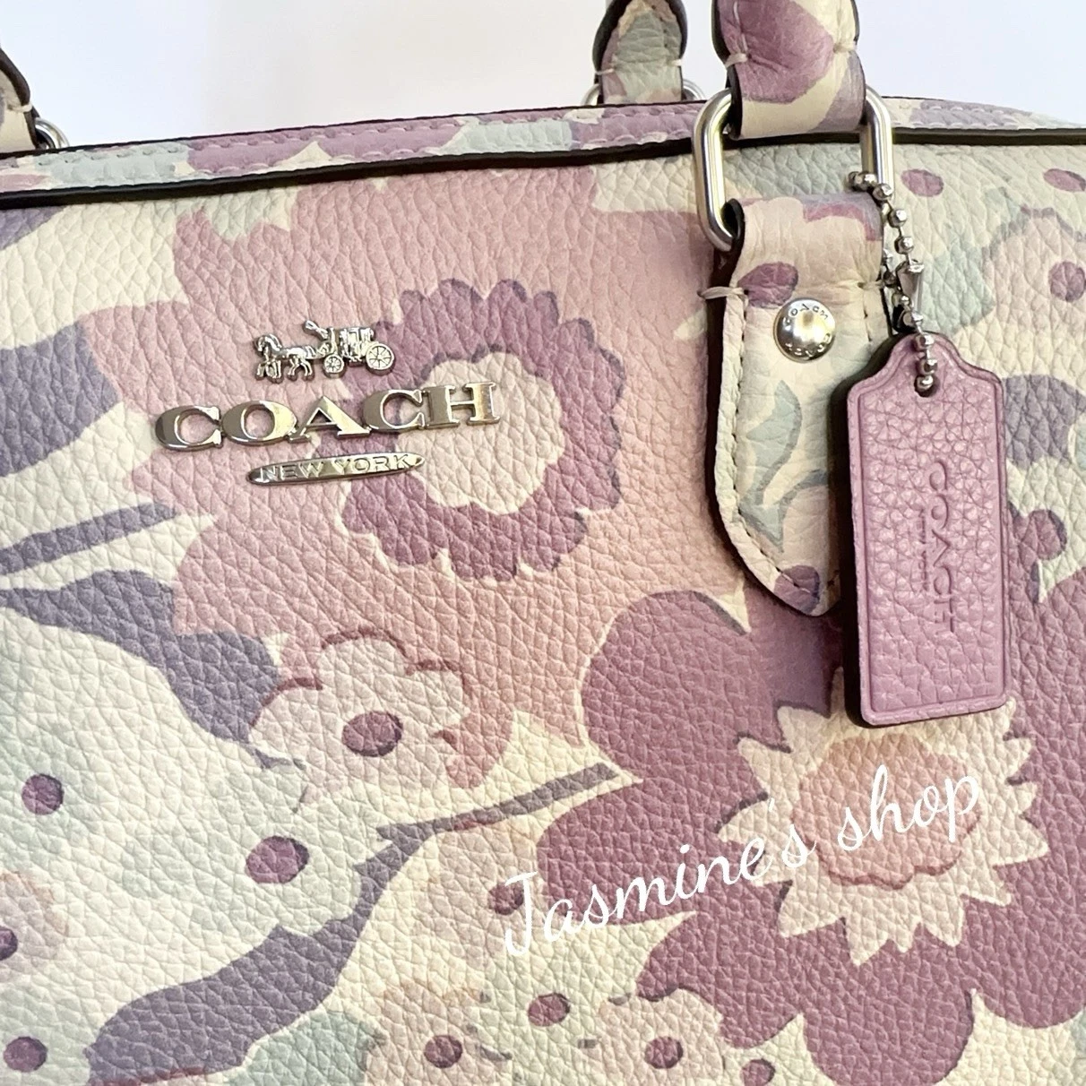 Borsa a tracolla Coach Rowan nuova con etichetta con stampa floreale in argento avorio multi viola CBG82