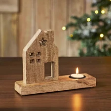 Wooden Brown Saltbox House with Star Natural Tealight Holder 1-Pack