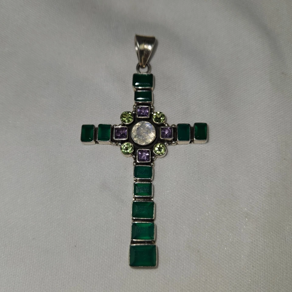 Nicky Butler 925 Sterling Silver Green Multi Gemstone Cross Pendant RARE - Image 3 of 4