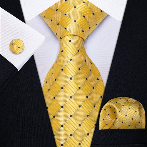 ITALIAN DESIGNER Yellow Black Polka SILK TIE, HANKY, CUFFLINKS
