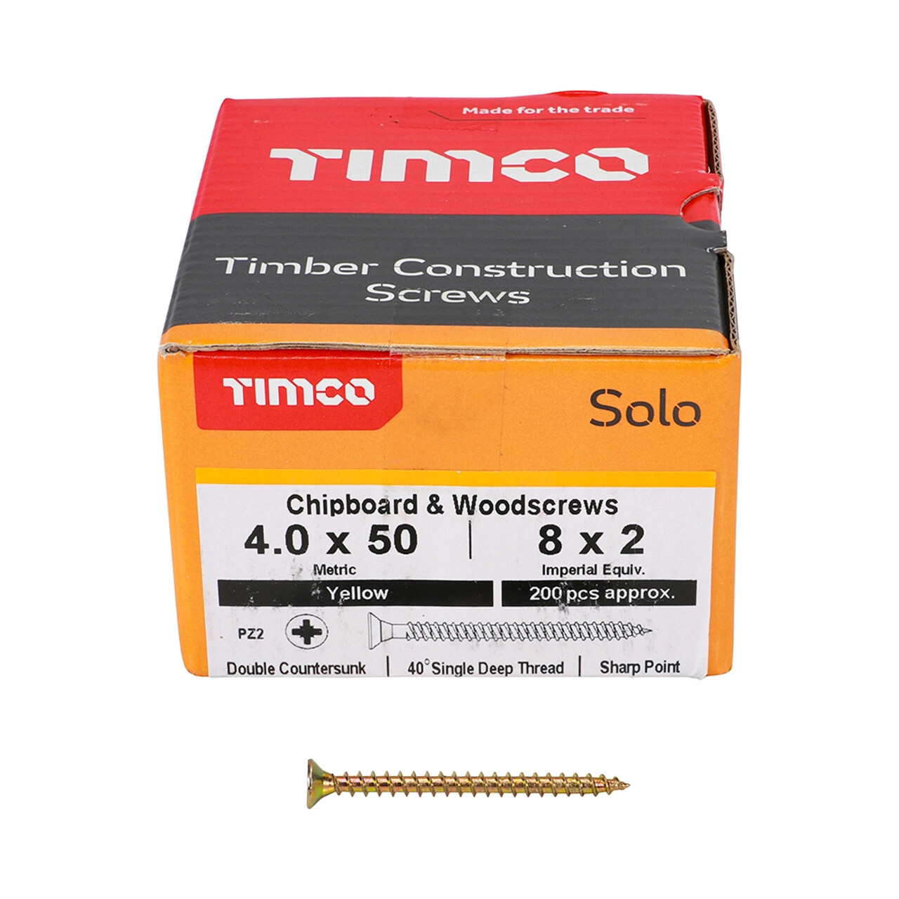 Timco 4.0 x 50mm Solo Woodscrew Zinc Yellow Passivated - Box of 200