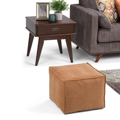 New Boho Square Pouf Distressed Brown Vegan Faux Leather Ottoman Footstool