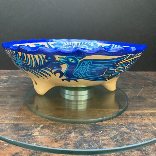 Mexican Fantasia Pottery Bowl Three Footed Blue Birds Jalisco Art Decor 7.5" - Picture 5 of 13