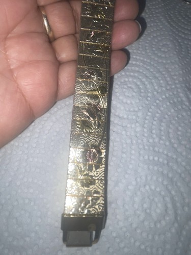 VINTAGE GOLD TONE 7” BRACELET MESH FOLD OVER PANELS ETCHED FLORAL FLOWERS - Picture 20 of 21