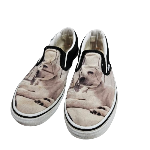 Vans Custom Yellow Lab Dog Slip-On Loafers Women's 8 Men's 6.5 Black White-image
