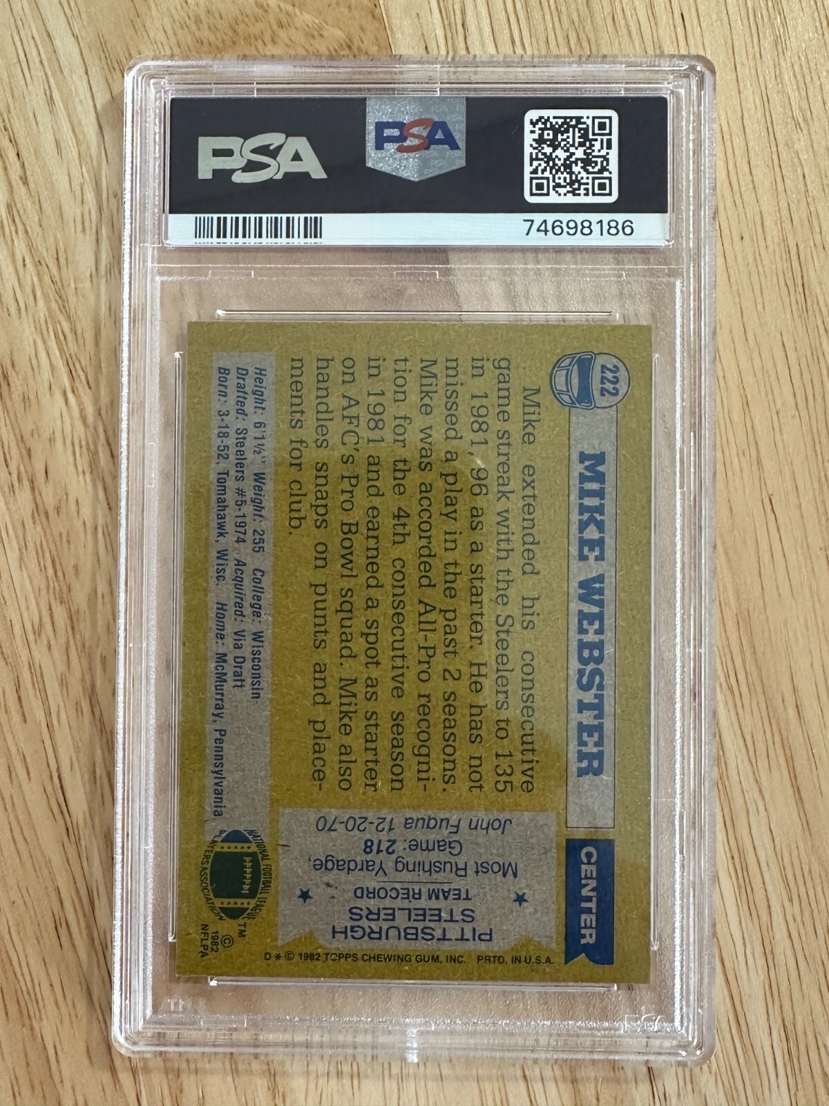 1982 TOPPS FOOTBALL CARD 222 MIKE WEBSTER PSA 5 EX PITTSBURGH STEELERS